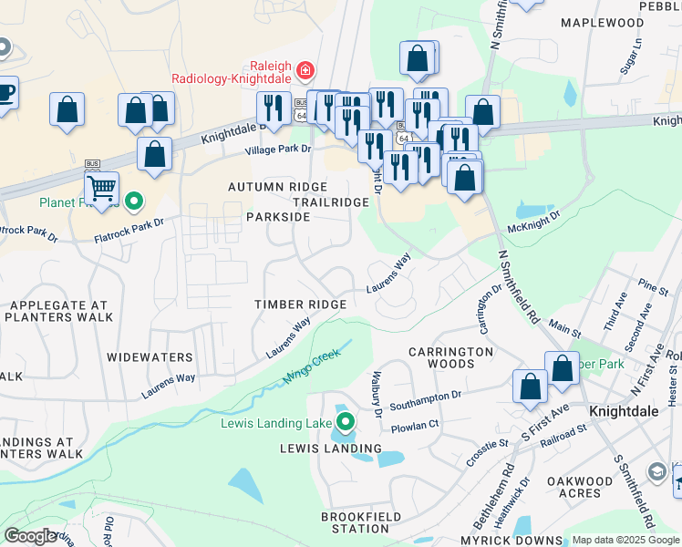 map of restaurants, bars, coffee shops, grocery stores, and more near 113 Stanway Dr in Knightdale