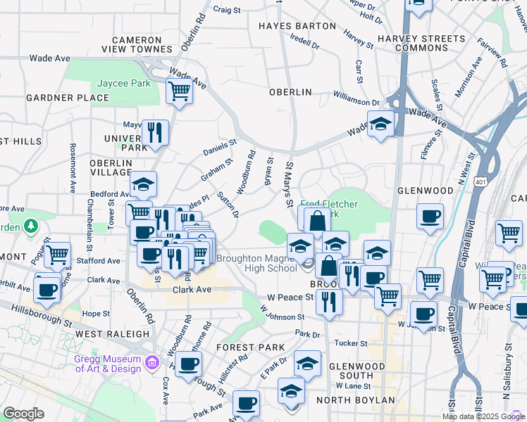 map of restaurants, bars, coffee shops, grocery stores, and more near in Raleigh
