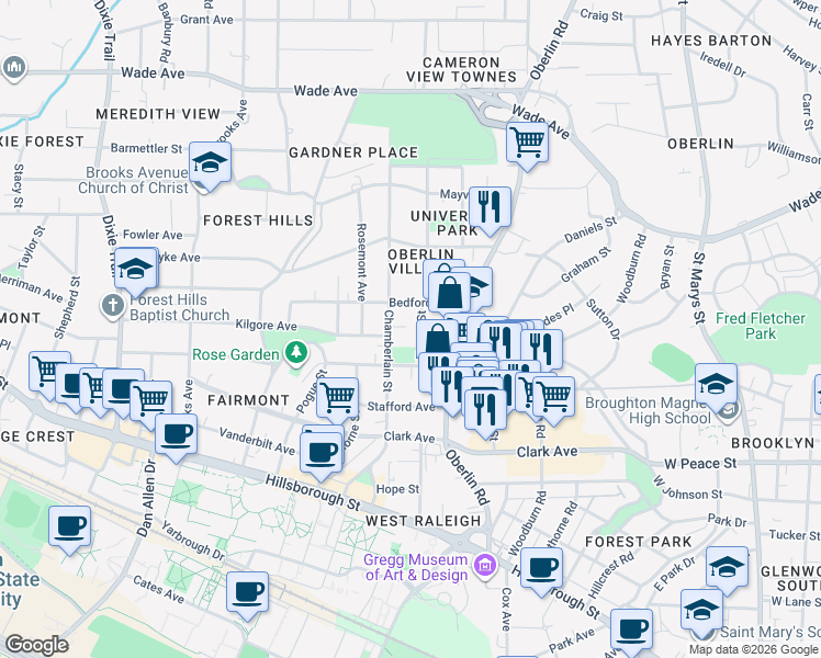 map of restaurants, bars, coffee shops, grocery stores, and more near 617 Tower Street in Raleigh