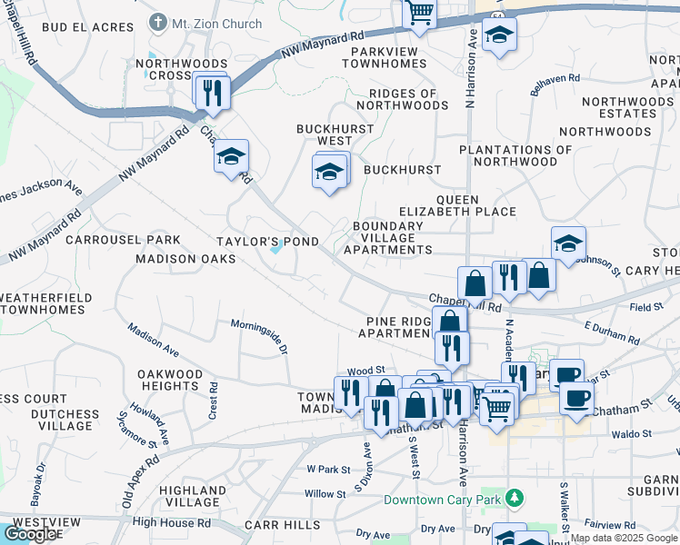 map of restaurants, bars, coffee shops, grocery stores, and more near 8733 Chapel Hill Road in Cary