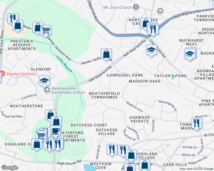 map of restaurants, bars, coffee shops, grocery stores, and more near 913 Contessa Drive in Cary