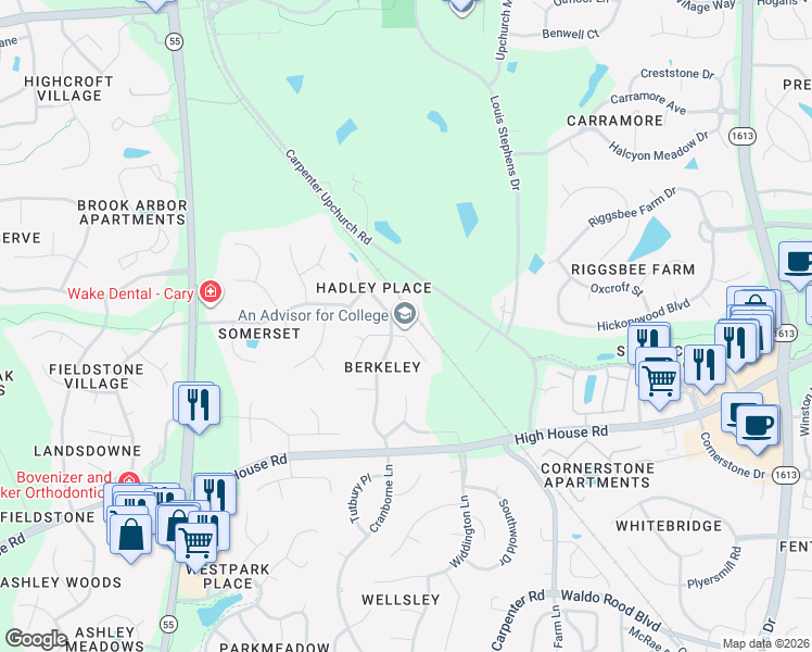 map of restaurants, bars, coffee shops, grocery stores, and more near 402 Sir Walker Lane in Cary
