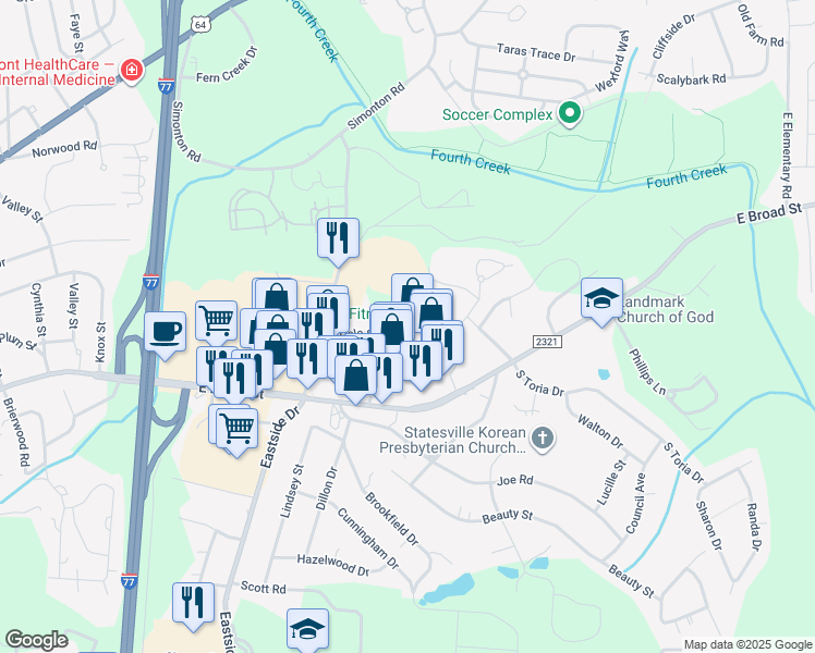 map of restaurants, bars, coffee shops, grocery stores, and more near 1877 East Broad Street in Statesville
