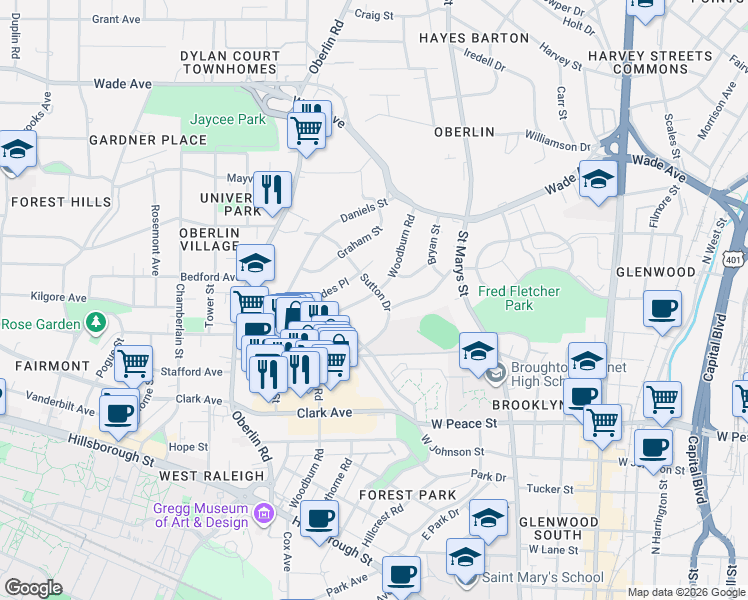 map of restaurants, bars, coffee shops, grocery stores, and more near 1707 Sutton Drive in Raleigh