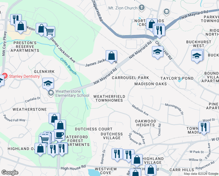 map of restaurants, bars, coffee shops, grocery stores, and more near 913 Contessa Drive in Cary