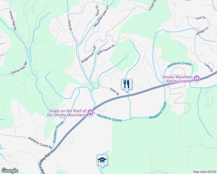 map of restaurants, bars, coffee shops, grocery stores, and more near 3105 Easy Street in Pigeon Forge