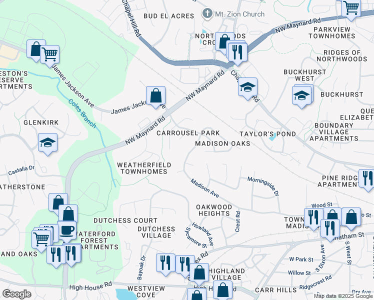 map of restaurants, bars, coffee shops, grocery stores, and more near 837 Madison Ave in Cary