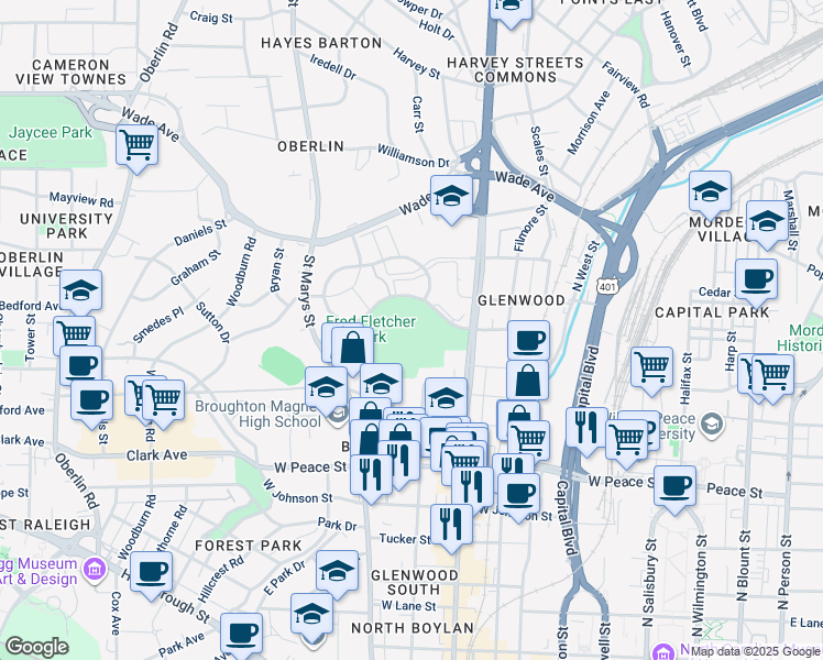 map of restaurants, bars, coffee shops, grocery stores, and more near 820 Clay Street in Raleigh