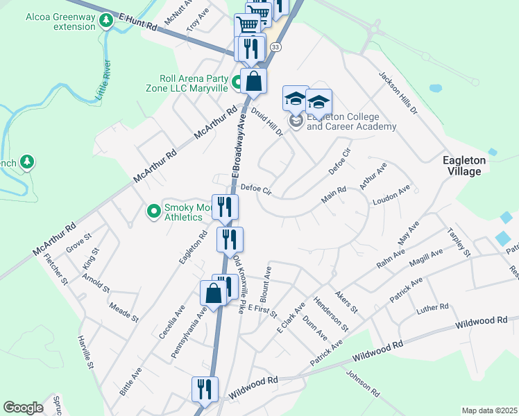 map of restaurants, bars, coffee shops, grocery stores, and more near 115 Main Rd in Maryville