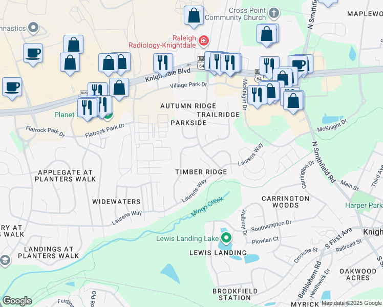 map of restaurants, bars, coffee shops, grocery stores, and more near 102 Braswell Court in Knightdale