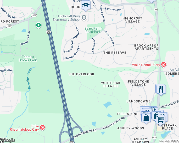 map of restaurants, bars, coffee shops, grocery stores, and more near 111 Picturesque Lane in Cary