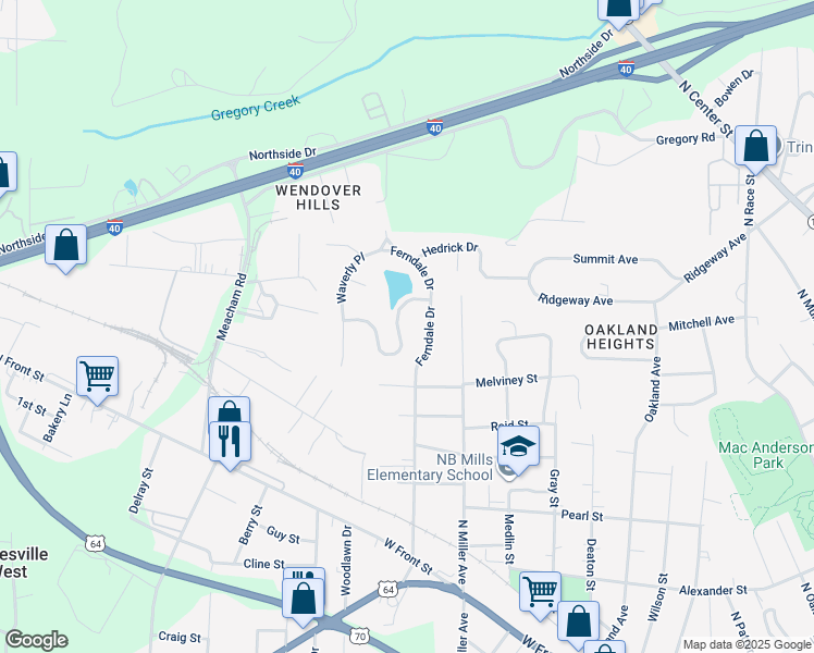 map of restaurants, bars, coffee shops, grocery stores, and more near 821 Wendover Road in Statesville