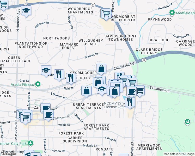 map of restaurants, bars, coffee shops, grocery stores, and more near 8035 Chapel Hill Road in Cary