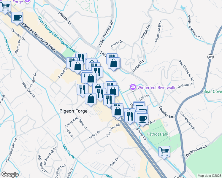 map of restaurants, bars, coffee shops, grocery stores, and more near 3215 Parkway in Pigeon Forge