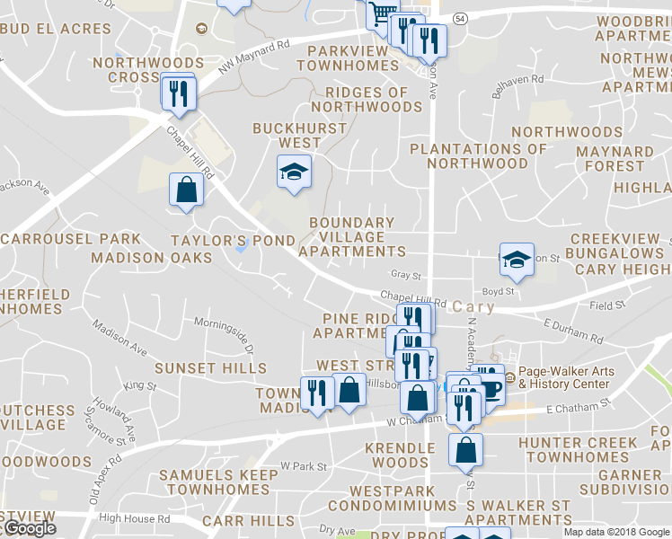 map of restaurants, bars, coffee shops, grocery stores, and more near 208 Hosta Lily Court in Cary
