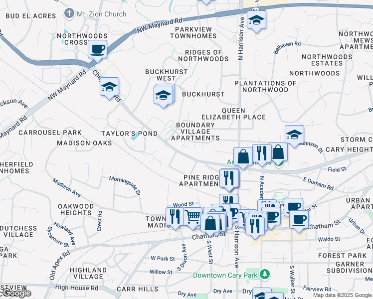 map of restaurants, bars, coffee shops, grocery stores, and more near 208 Hosta Lily Court in Cary