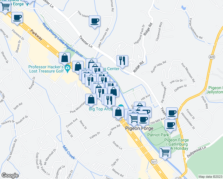 map of restaurants, bars, coffee shops, grocery stores, and more near 3215 North River Road in Pigeon Forge