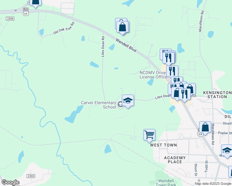 map of restaurants, bars, coffee shops, grocery stores, and more near 216 Liles Dean Road in Wendell