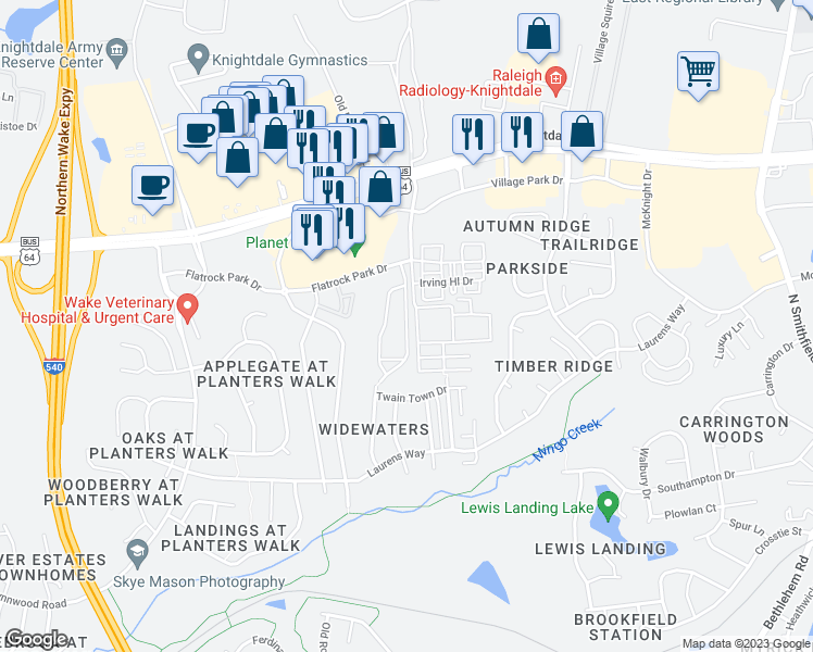 map of restaurants, bars, coffee shops, grocery stores, and more near Newport Common Drive in Knightdale