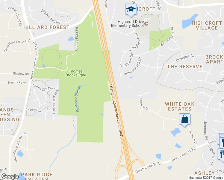 map of restaurants, bars, coffee shops, grocery stores, and more near Western Wake Freeway in Cary