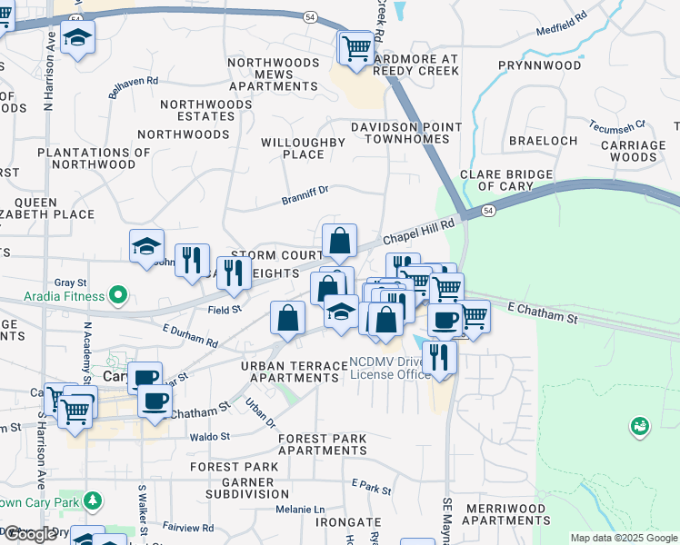map of restaurants, bars, coffee shops, grocery stores, and more near 8035 Chapel Hill Road in Cary