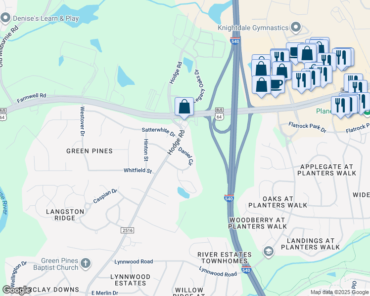map of restaurants, bars, coffee shops, grocery stores, and more near 103 Daniel Circle in Knightdale