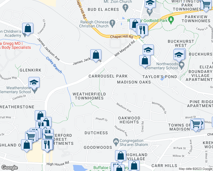 map of restaurants, bars, coffee shops, grocery stores, and more near 117 Brass Ring Court in Cary