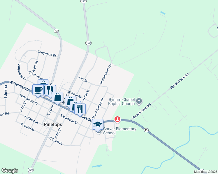 map of restaurants, bars, coffee shops, grocery stores, and more near 298 North South A Gilliam Street in Pinetops