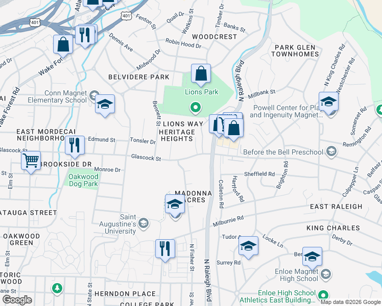 map of restaurants, bars, coffee shops, grocery stores, and more near 1017 Glascock Street in Raleigh