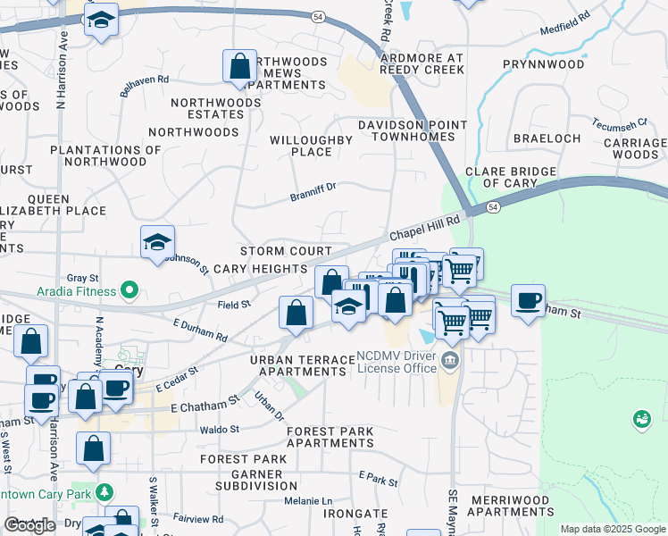 map of restaurants, bars, coffee shops, grocery stores, and more near 8035 Chapel Hill Road in Cary