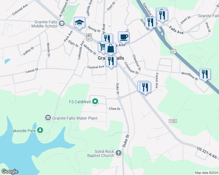 map of restaurants, bars, coffee shops, grocery stores, and more near 7 Congress Street in Granite Falls