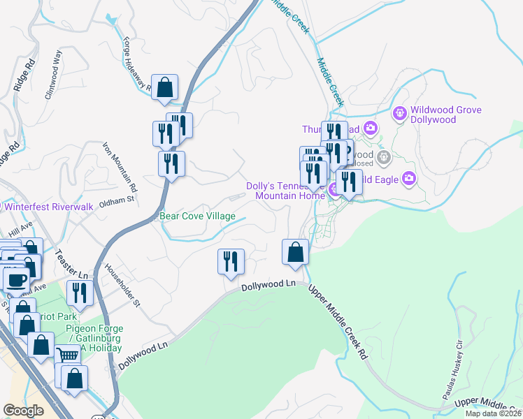 map of restaurants, bars, coffee shops, grocery stores, and more near 3729 Plaza Way in Pigeon Forge