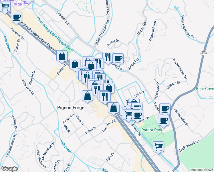 map of restaurants, bars, coffee shops, grocery stores, and more near 3215 Parkway in Pigeon Forge