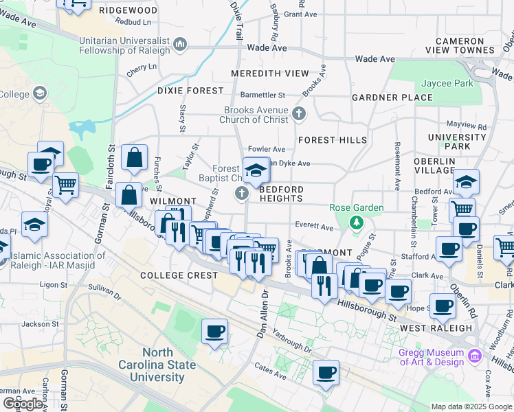 map of restaurants, bars, coffee shops, grocery stores, and more near 2823 Kilgore Avenue in Raleigh