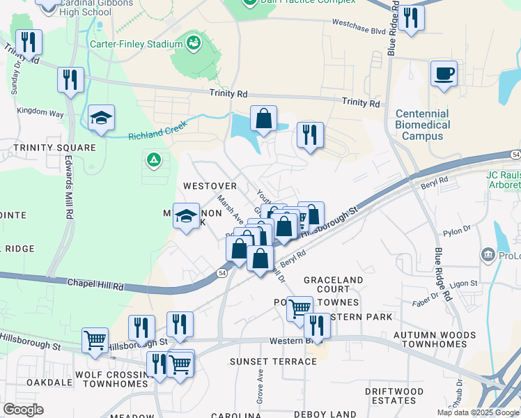 map of restaurants, bars, coffee shops, grocery stores, and more near 208 Grand Avenue in Raleigh