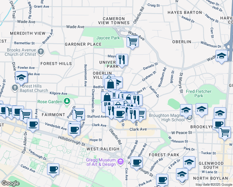 map of restaurants, bars, coffee shops, grocery stores, and more near 616 Oberlin Road in Raleigh