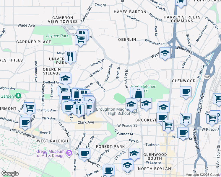 map of restaurants, bars, coffee shops, grocery stores, and more near 1033 Nichols Drive in Raleigh