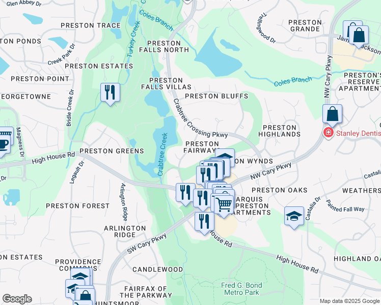 map of restaurants, bars, coffee shops, grocery stores, and more near 118 Summer Lakes Drive in Cary