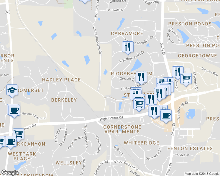 map of restaurants, bars, coffee shops, grocery stores, and more near 529 Hickorywood Boulevard in Cary