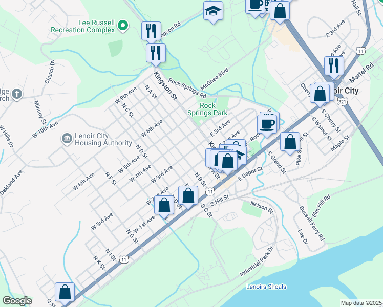 map of restaurants, bars, coffee shops, grocery stores, and more near 310 North A Street in Lenoir City