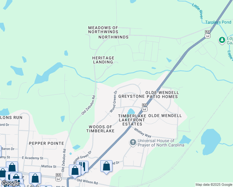 map of restaurants, bars, coffee shops, grocery stores, and more near 220 Wood Green Drive in Wendell
