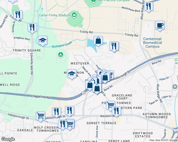 map of restaurants, bars, coffee shops, grocery stores, and more near 212 Marsh Avenue in Raleigh