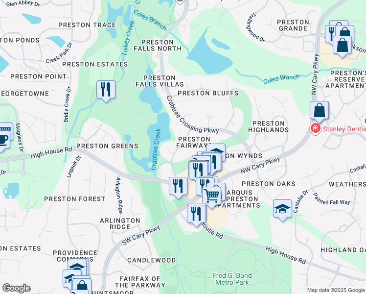 map of restaurants, bars, coffee shops, grocery stores, and more near 118 Summer Lakes Drive in Cary