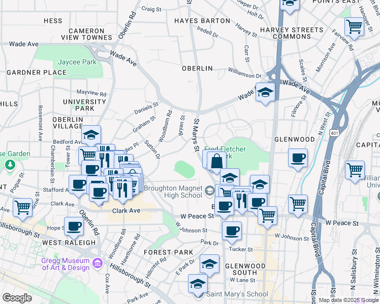 map of restaurants, bars, coffee shops, grocery stores, and more near 959 Saint Marys Street in Raleigh