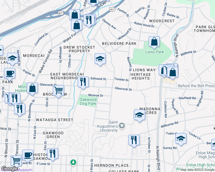 map of restaurants, bars, coffee shops, grocery stores, and more near 721 Glascock Street in Raleigh