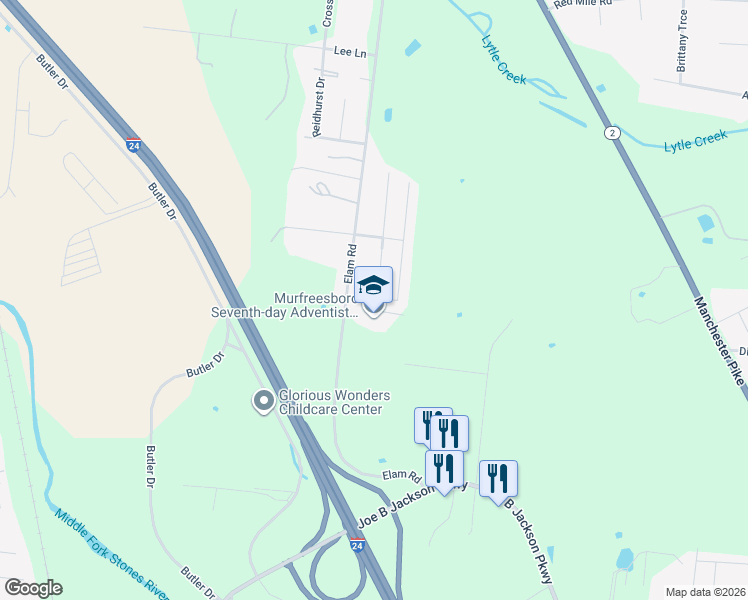 map of restaurants, bars, coffee shops, grocery stores, and more near 2220 Pearwick Court in Murfreesboro