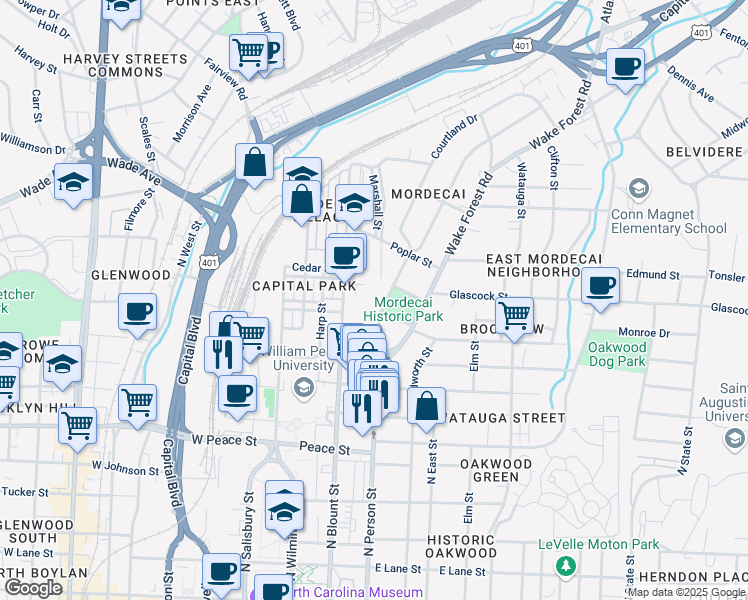 map of restaurants, bars, coffee shops, grocery stores, and more near 1009 Mordecai Drive in Raleigh