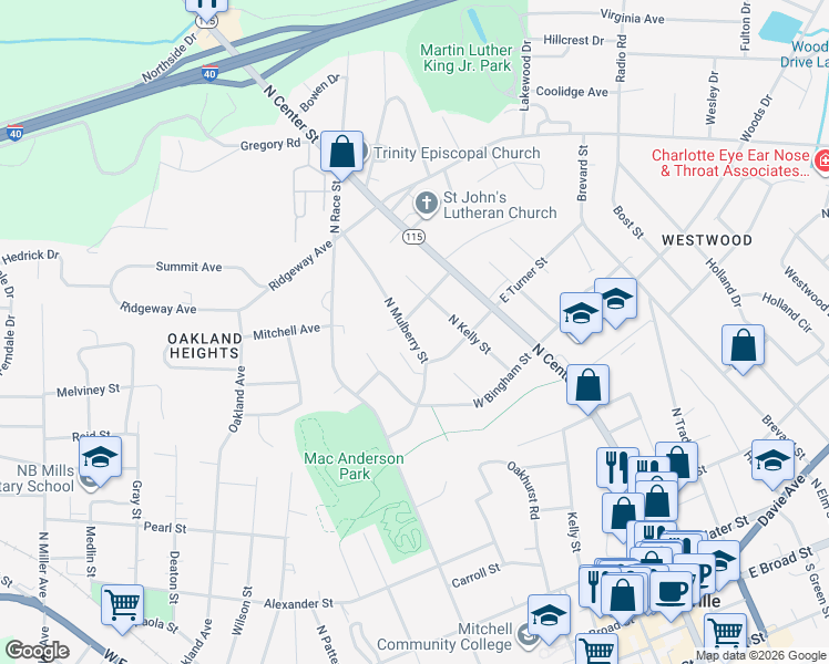 map of restaurants, bars, coffee shops, grocery stores, and more near 636 North Mulberry Street in Statesville