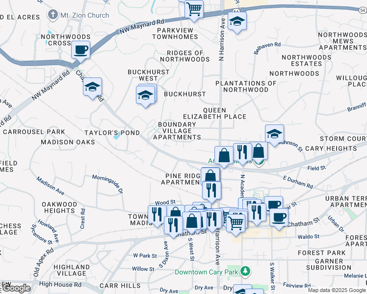 map of restaurants, bars, coffee shops, grocery stores, and more near 410 Delta Ct in Cary