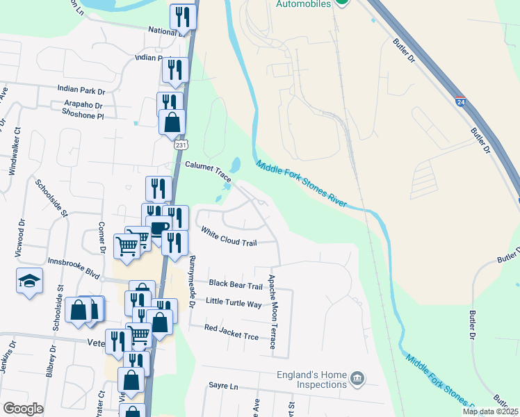 map of restaurants, bars, coffee shops, grocery stores, and more near 359 Calumet Trace in Murfreesboro